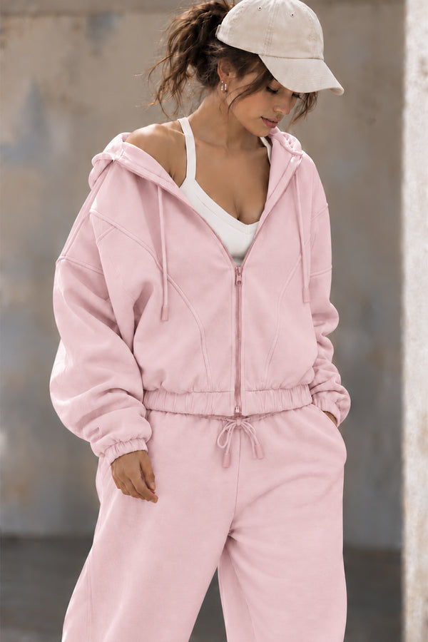 Lulus Friends Kadın Pembe Parçalı Fermuarlı 3 İplik Şardonlu Yumuşak Dokulu Fermuarlı Kapüşonlu Sweat Hırka — Pembe