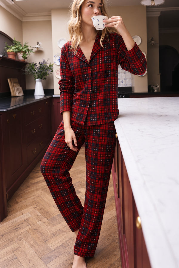 Lulus Friends Kadın Kırmızı Ekoseli Bebe Yaka Uzun Kol Soft Süet Düğmeli Pijama Set — Kırmızı