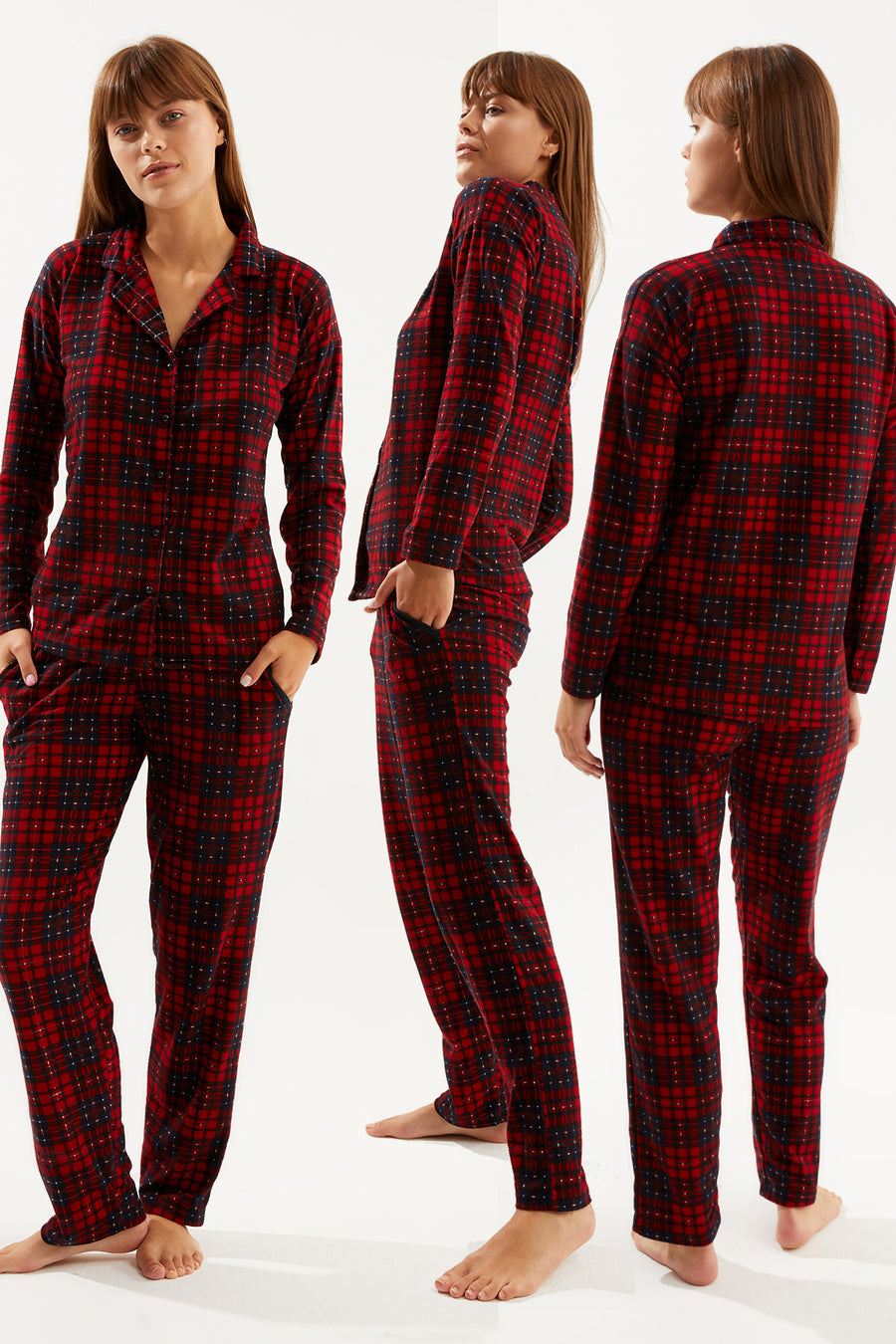 Lulus Friends Kadın Kırmızı Ekoseli Bebe Yaka Uzun Kol Soft Süet Düğmeli Pijama Set — Kırmızı
