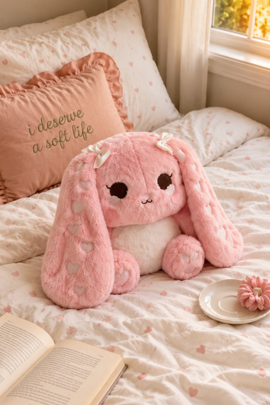 LF Kalp Nakışlı Uzun Kulaklı Tavşan 30 cm Pembe — Pembe