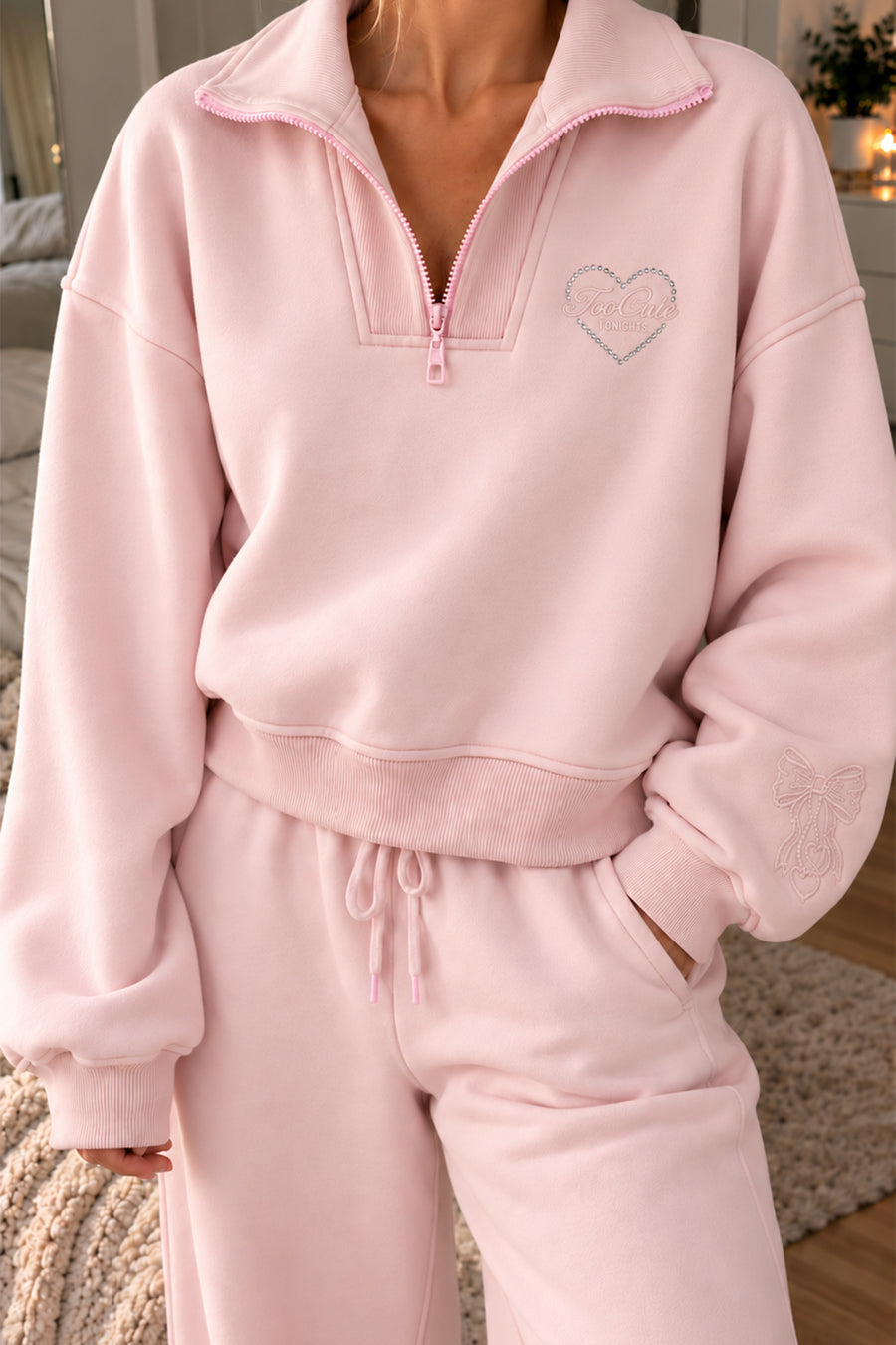Lulus Friends Kadın Pembe Dik Yaka Nakış Detaylı 3 İplik Sweatshirt — Pembe