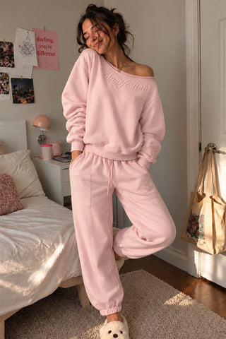 Lulus Friends Kadın Pembe Yüksek Bel Lastikli Paça Jogger Rahat Kesim Cep Nakış Detaylı Üç İplik Pamuk Kumaş Kadın Eşofman Altı — Pembe