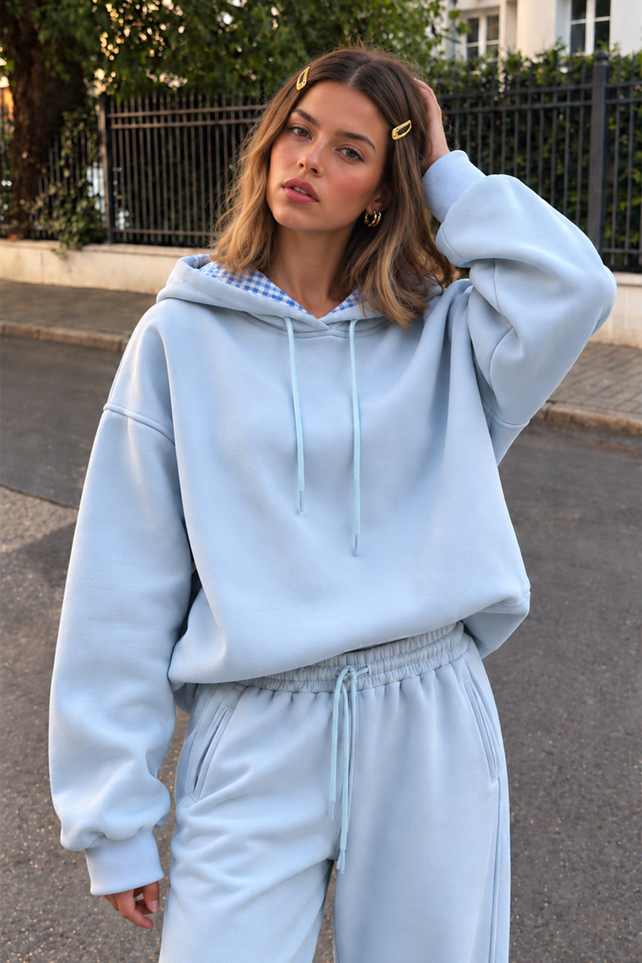 Lulus Friends Kadın Pembe Ekose Kapüşonlu3 İplik Sweatshirt — Mavi