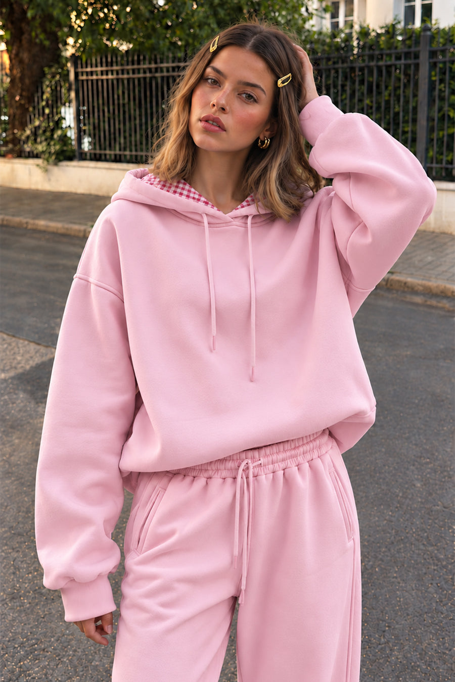 Lulus Friends Kadın Pembe Ekose Kapüşonlu3 İplik Sweatshirt — Pembe