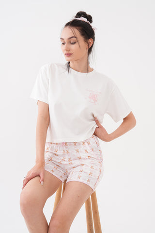 Bisiklet Yaka Oversize Tişört Ayıcık Fiyonk Desenli Milan Şortlu Yazlık Kadın Pijama Takımı — Pembe