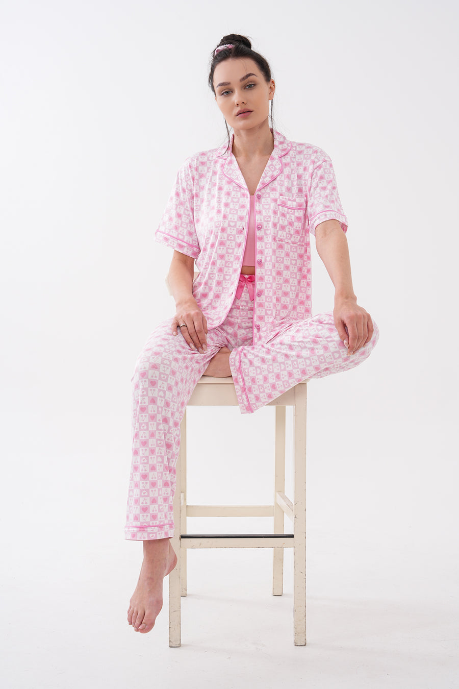 Mini Baskılı Kısa Kollu Bebe Yaka Önden Düğmeli Pantolon Pijama Takımı — Pembe