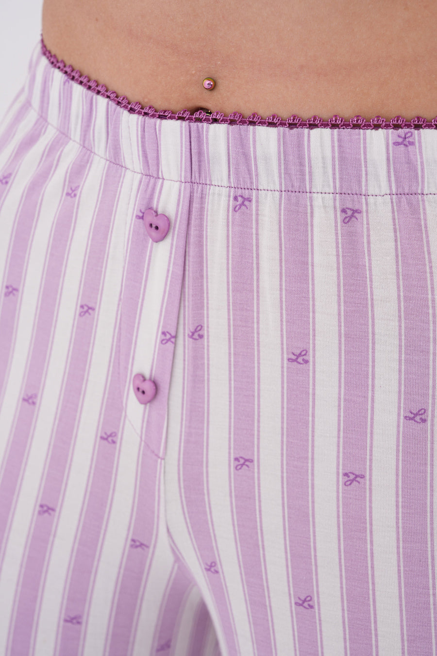 Çizgili Dantel Cep Detaylı Kısa Kollu Bebe Yaka Pantolon Pijama Takımı — Lila