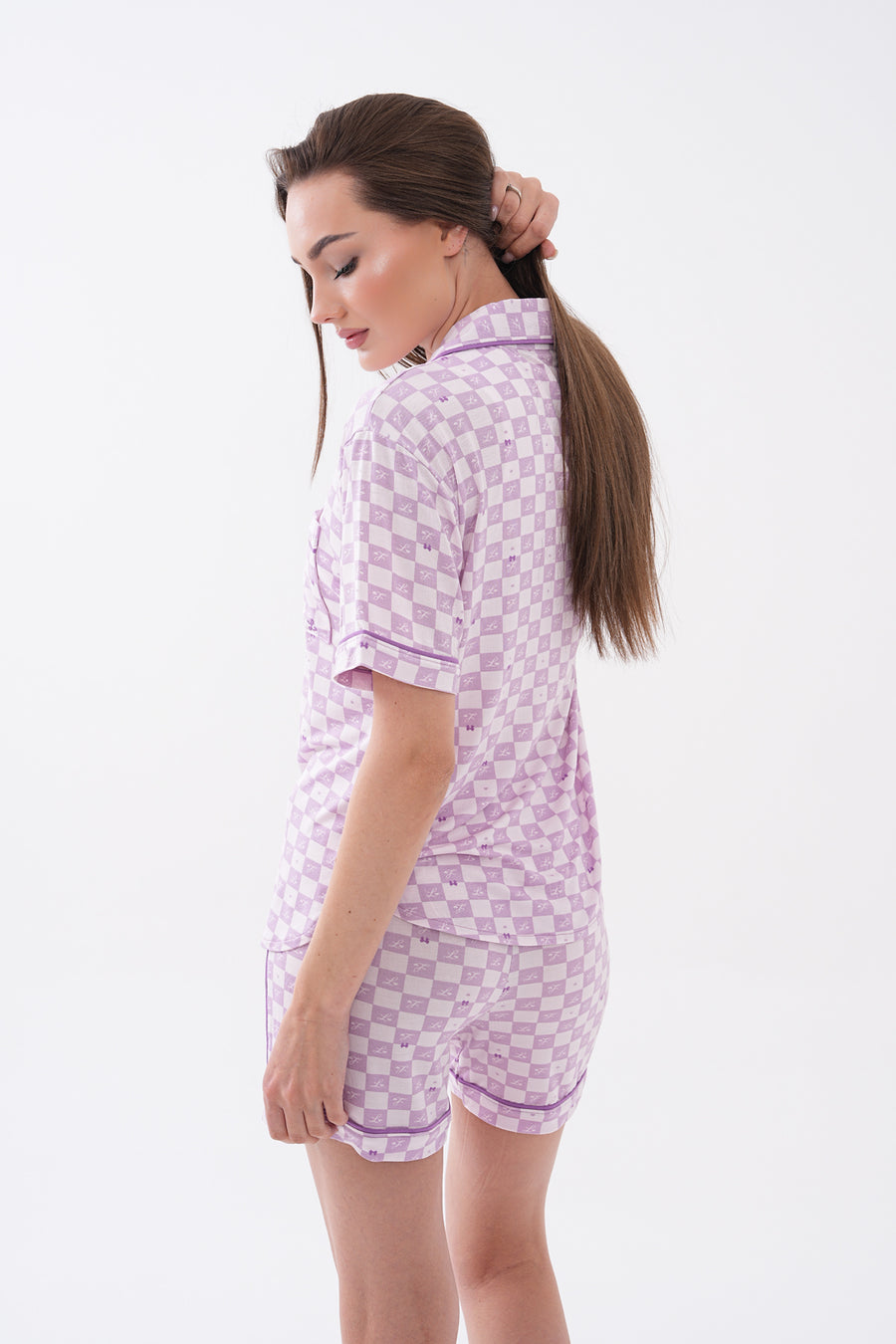 Gömlek Yaka Cepli Önden Düğmeli Premium Viskon Kısa Kollu Kareli Yazlık Şortlu Kadın Pijama Takımı — Lila