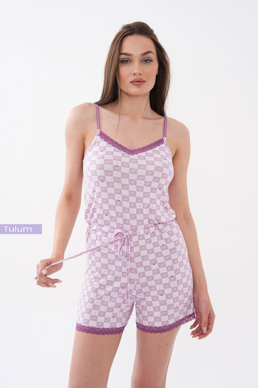 Askılı V Yaka Dantel Detaylı Tulum Ayarlanabilir Bel Bağlamalı Kadın Pijama — Lila