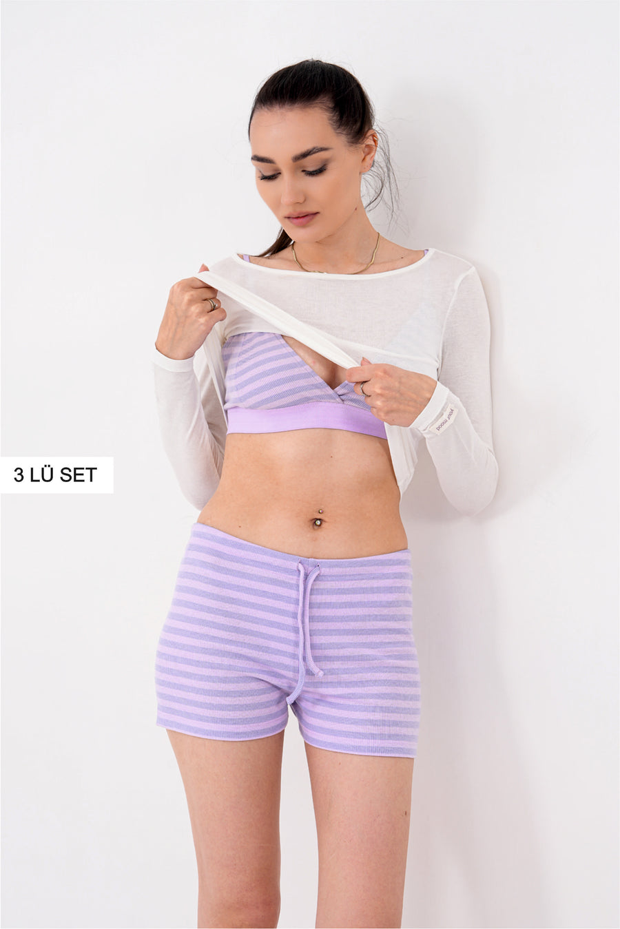 3’lü Uzun Kollu Tişörtlü Braletli Çizgili Şortlu Pijama Takımı — Lila