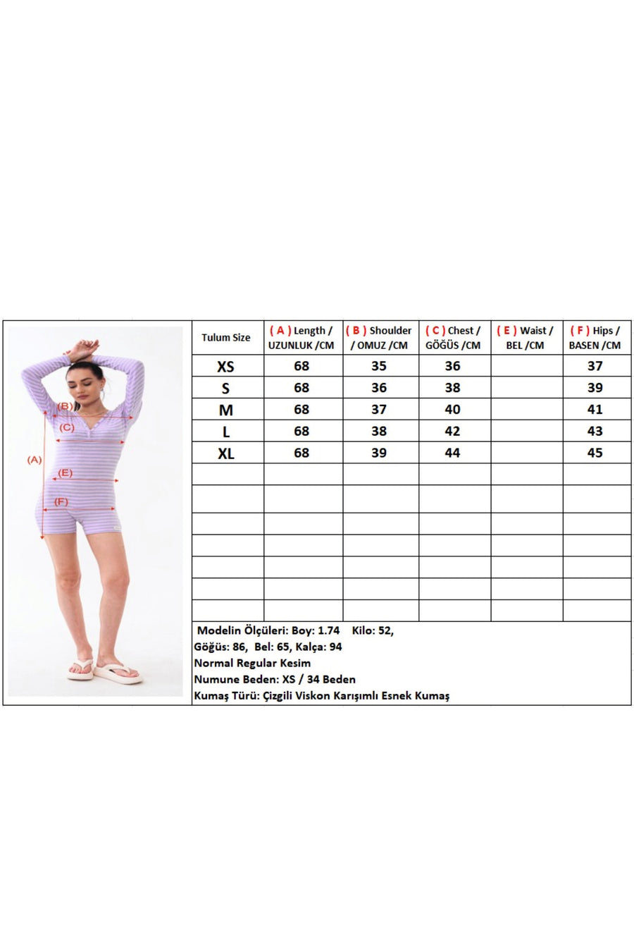 V Yaka Uzun Kollu Kalp Düğmeli Çizgili Şortlu Kadın Pijama Tulum Premium Viskon — Lila