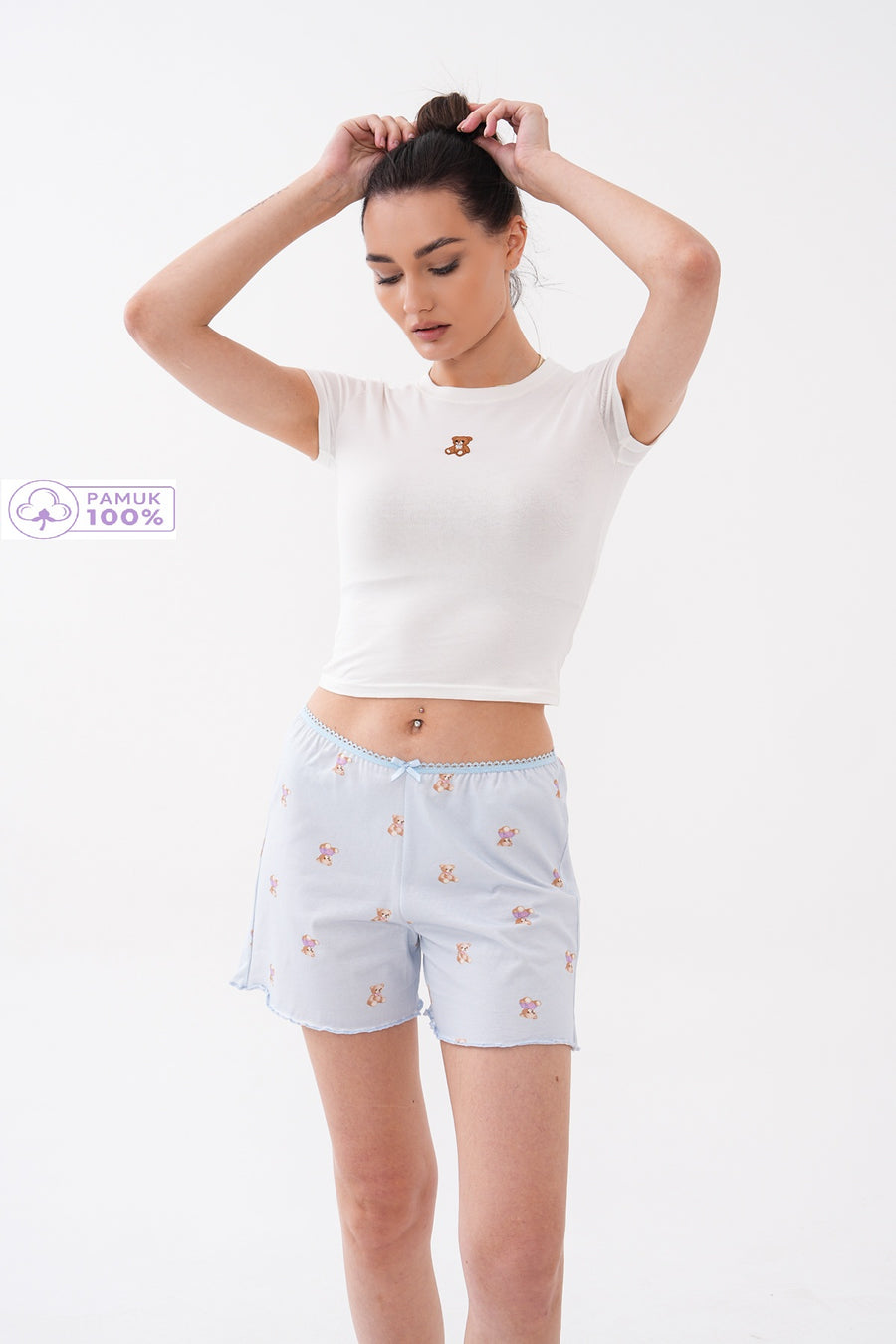 Bisiklet Yaka Kısa Kollu Nakışlı Fitilli Crop Tişört  Ayıcık Desenli Fırfır Paça Şortlu  Kadın Pijama Takımı Pamuklu — Bebek Mavi