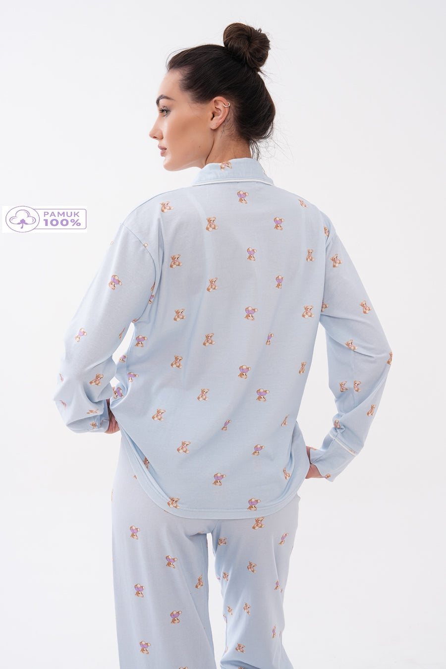 Gömlek Yaka Uzun Kollu Önden Kalp Düğmeli Cep Detaylı Mini Ayıcık Desenli Pantolonlu Kadın Pijama Takımı Premium Pamuklu — Bebek Mavi
