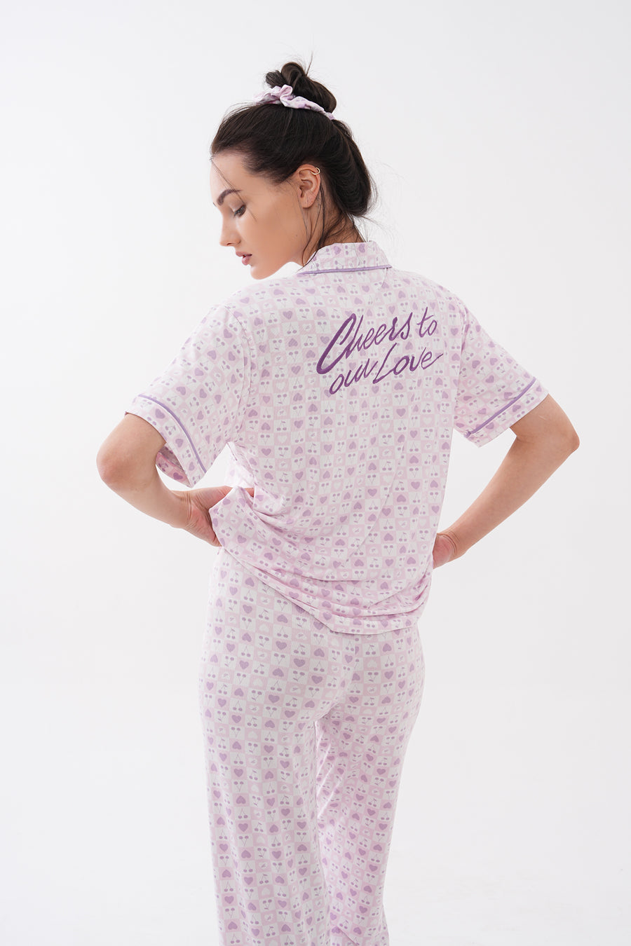 Gömlek Yaka Kısa Kollu Düğmeli Kareli Kalp Desenli Pantolonlu Milan Kadın Pijama Takımı — Lila