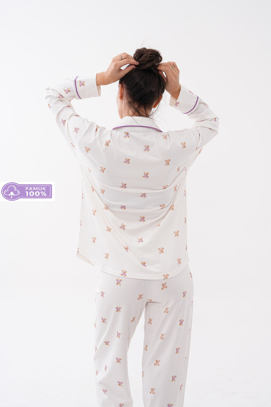 Gömlek Yaka Uzun Kollu Kalp Düğmeli Mini Ayıcık Desenli Pantolonlu Kadın Pijama Takımı Pamuklu — Ekru