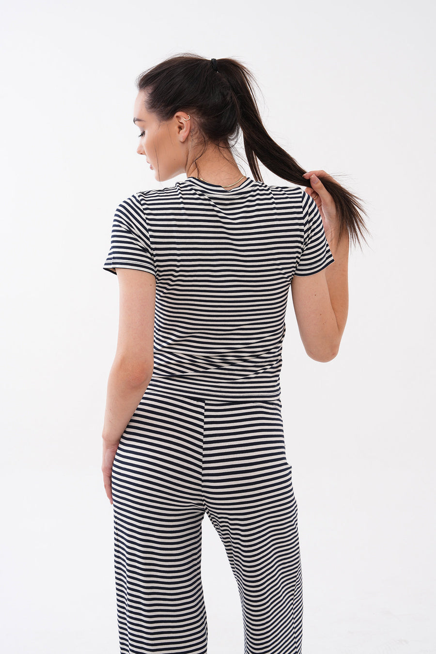 Bisiklet Yaka Kısa Kollu Çizgili Esnek  Kadın Body Premium Viskon — Lacivert