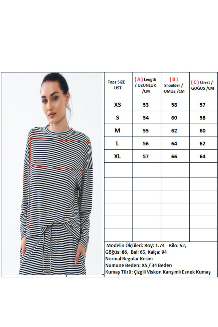 Bisiklet Yaka Uzun Kollu Düşük Omuzlu Oversize Çizgili Kadın Tişört Premium Viskon — Lacivert